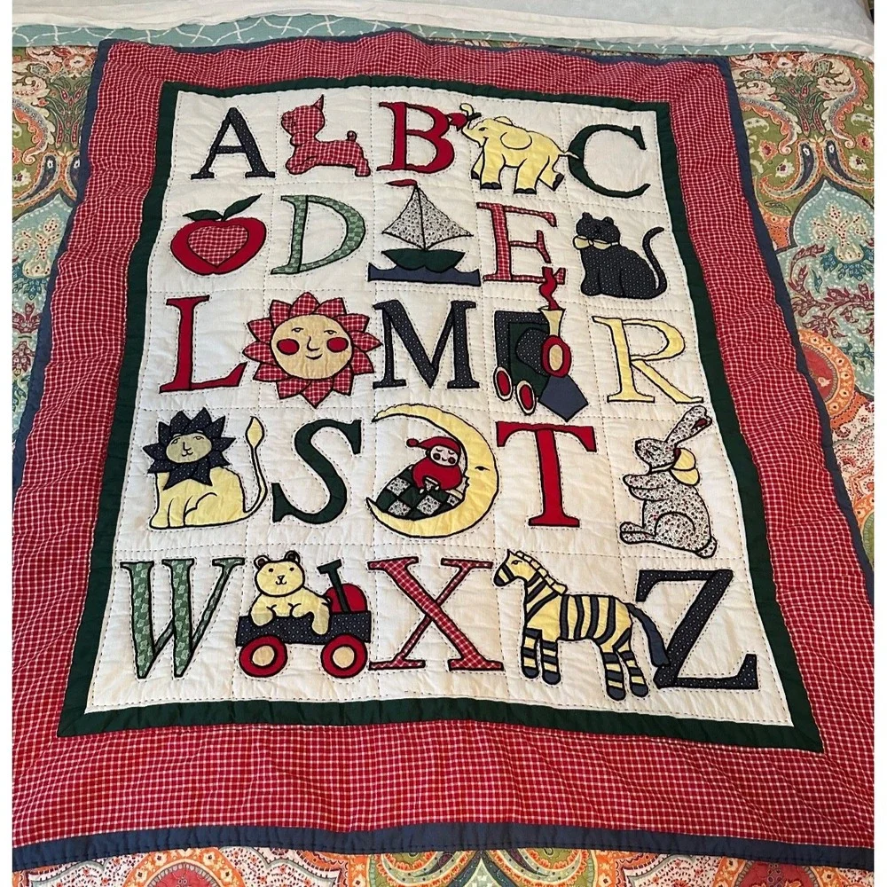 Handmade Embroidered ABC Baby Quilt 40x50 Crib Blanket Nursery Wall Hanging Vint